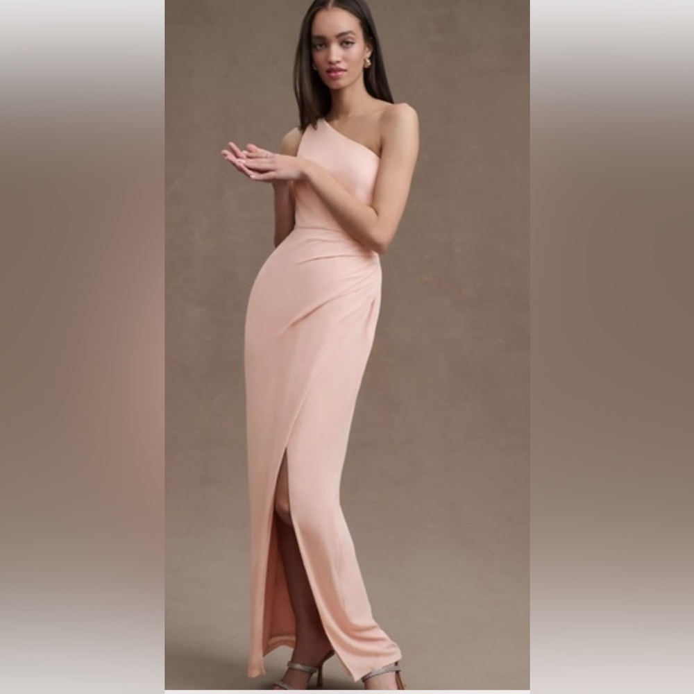 NWT BHLDN Chloe One-Shoulder Side-Slit Georgette Gown, Size 10, Blush/Rose